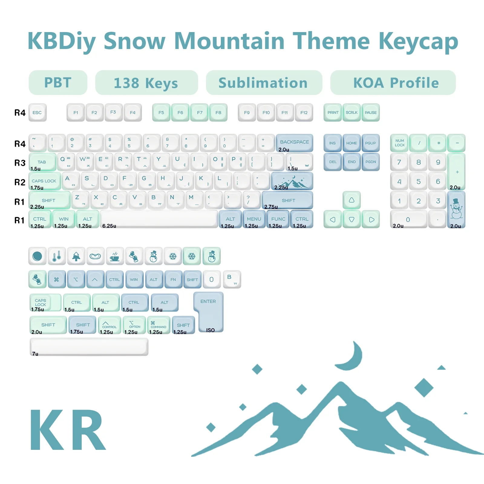 KBDiy KOA Profile Snow Mountain Keycap PBT Korean for Mechanical Keyboards Custom MAC ISO Cute Keycaps 138 Keys for RAINY75 AK74