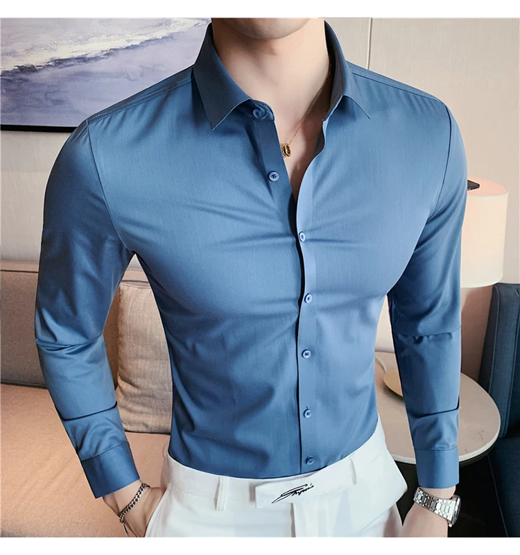 

Luxury Quality Non-iron Men's Long Sleeve Shirt Seamless Pressed Rubber Shirt For Men Business Soft Comfortable Blouse 4xl New