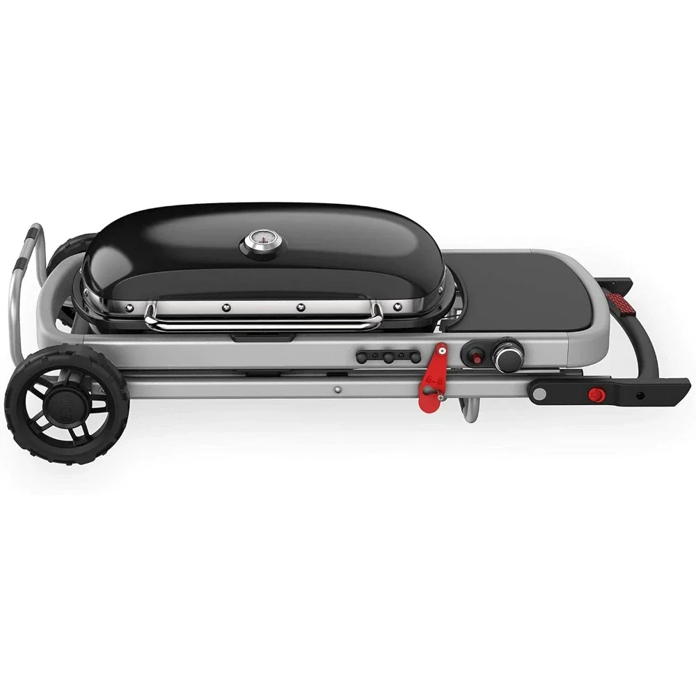 Outdoor Portable Gas Barbecue Grill, Foldable Small Gas Barbecue Grill with Wheels, Black