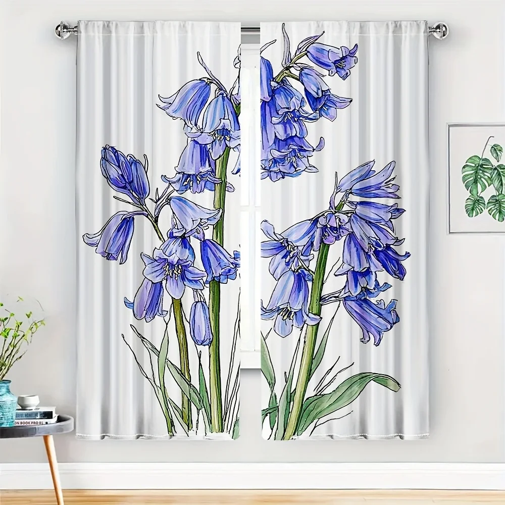 2pcs Bluebell Floral Curtains No Rod — White Background, Hand-Drawn Watercolor Bluebells with Green Stems, Sheer Polyester