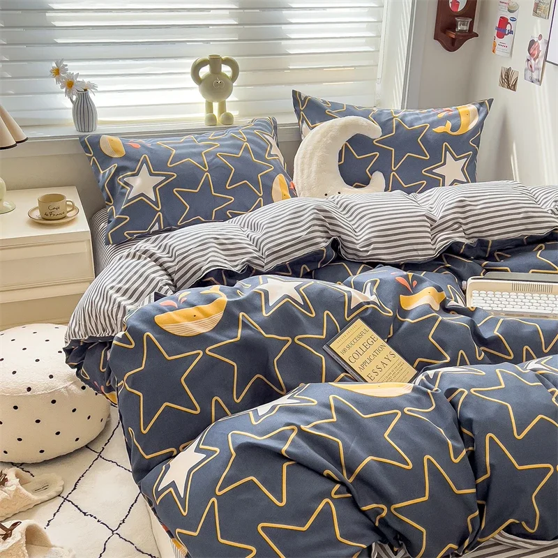 New Cute Stars Printed Bedding Set 4/3/1 Pcs Skin-friedly Breathable Duvet Covers Comfortable Durable Single Double Quilt Cover