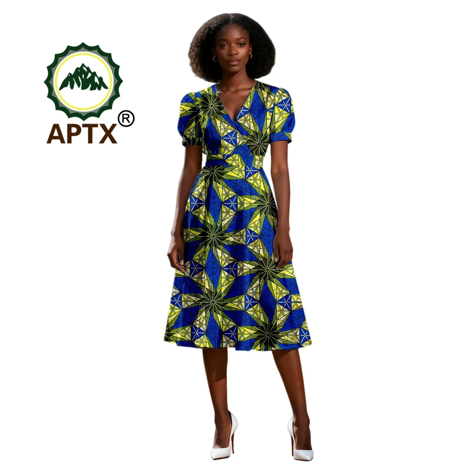 BGJ Ankara V-neck Short Sleeve Knee-Length Dress African Print Women's Casual Party Dress Dashiki Women Attire 2525204