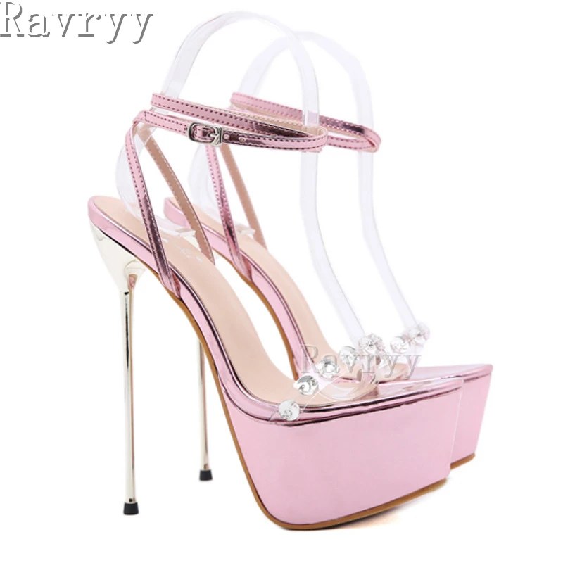 Pink Super High Heel Sandals Bling Rhinestones Transparent One Strap Waterproof Platform Metal Heel Stiletto Nightclub Shoes