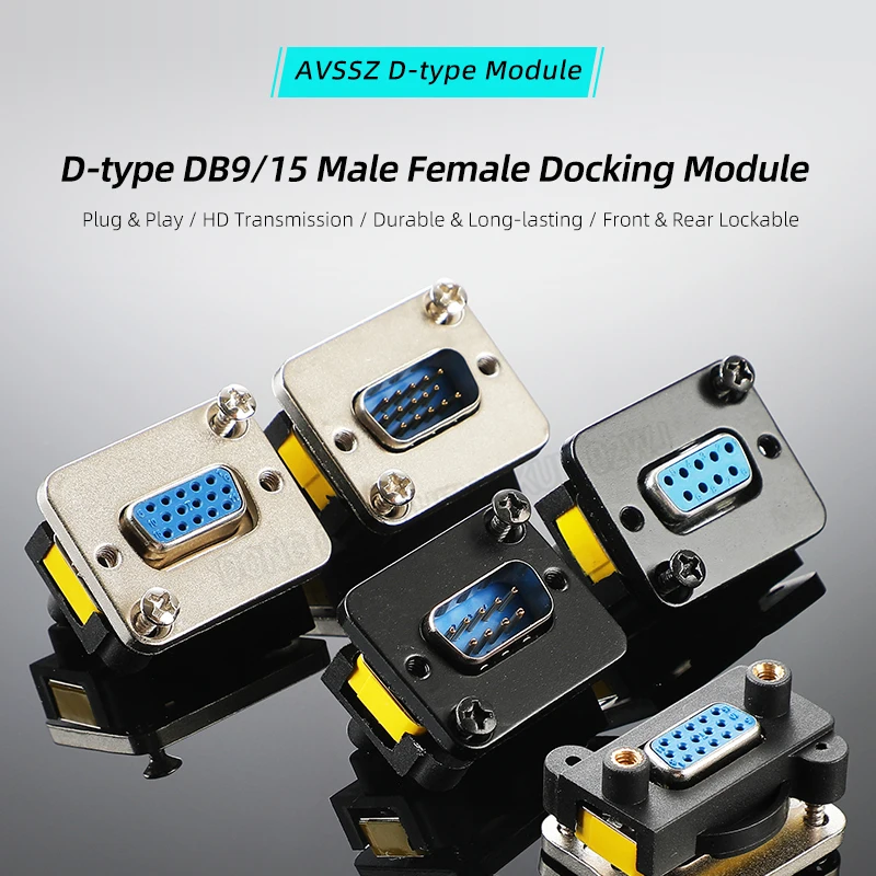 Dual-Port DB15 Solderless Panel Mount Module, VGA Male/Female DB9 RS232 Industrial Data Connector Plug & Play
