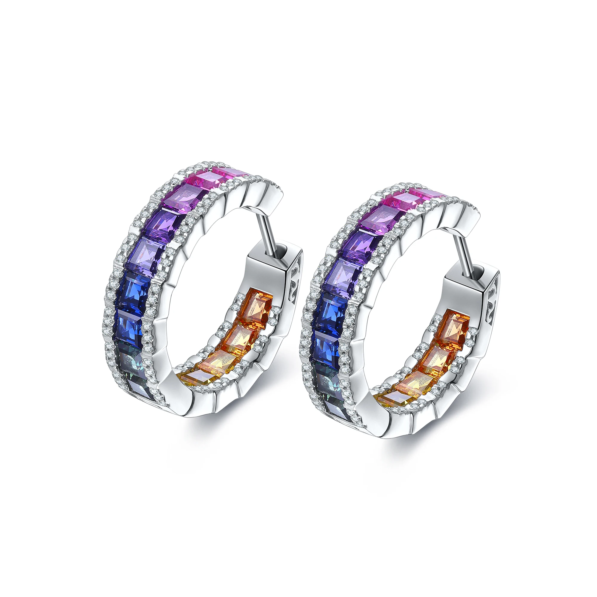 Daily Sterling Silver Lab Grown Color Saphhires Hoop Earrings Gradient Color Rainbow Jewelry Unisex Fahion For Gift Party