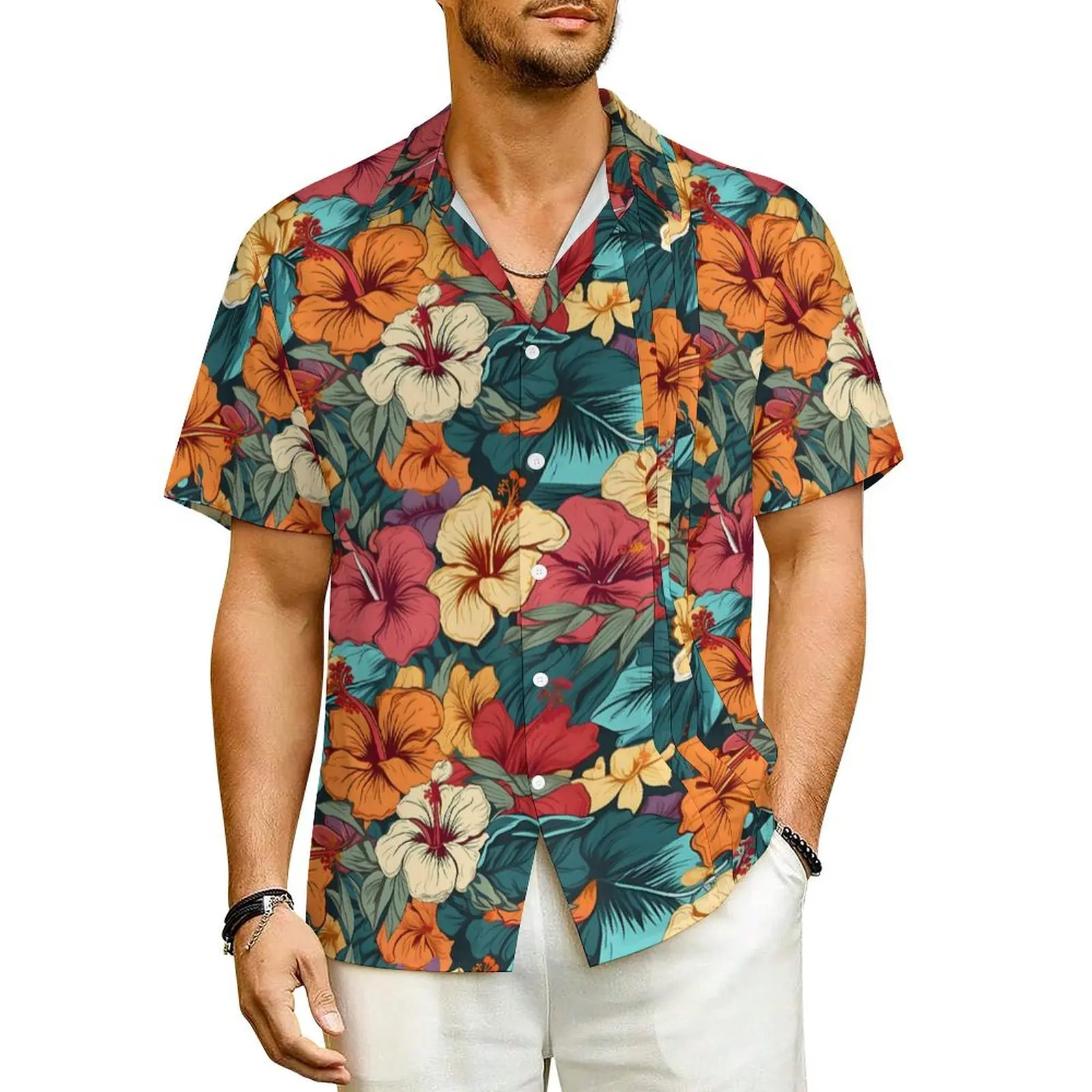 

Tropical Floral Print Casual Shirt Hibiscus Trendy Hawaiian Shirts Male Short Sleeve Vacation Harajuku Design Oversized Blouses