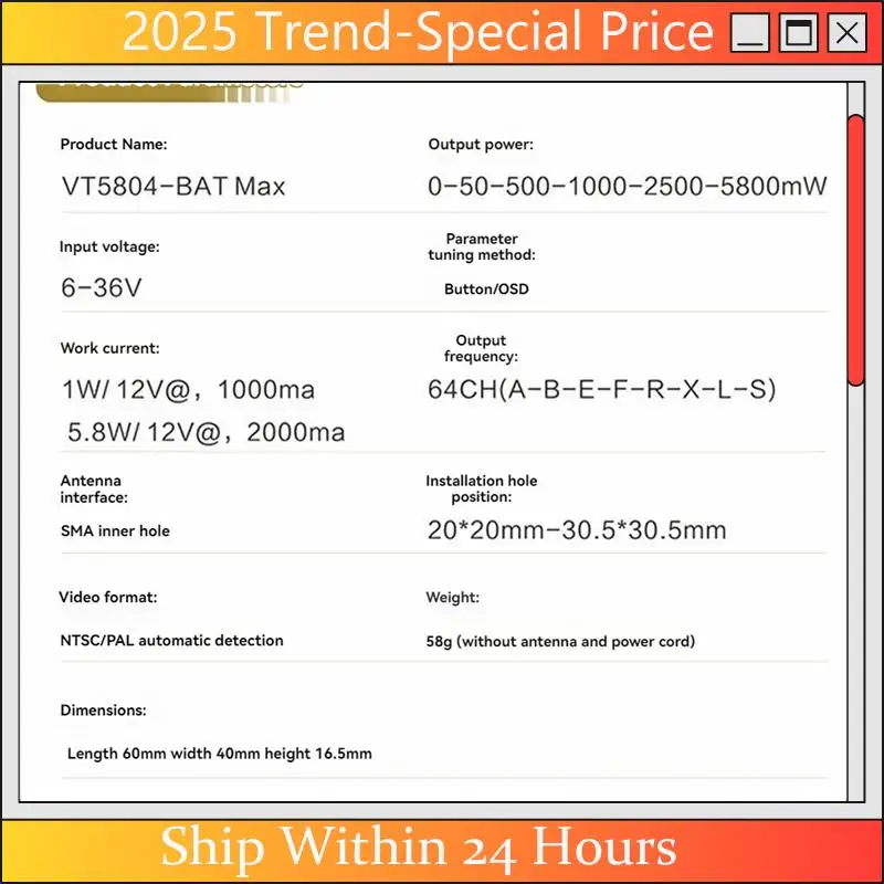 

CHYY Top VT5804 BAT-MAX 5.8G 5.8W VTX 64CH FPV Audio Video Transmitter OSD NTSC/PAL For Long Range RC FPV Racing Drone