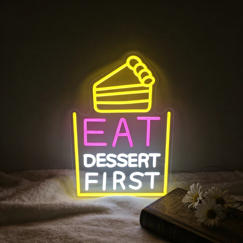 

Eat Dessert First Neon Sign LED USB Dimmable Wall Art Decor for Bedroom Kitchen Cafe Bakery Home Party Atmosphere Lighting Gift