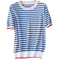 Elegant Striped Knit Sweater for Women Casual Crew Neck Short Sleeve Spring Summer Pullover Korean Fashion Style Clothing