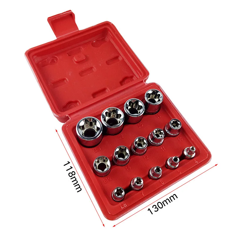 14pcs Gear Sleeve Torx Star Socket Set 6.3mm 10mm 12.5mm Drive Socket Wrench Head For Repair Tools Female E4-E24 Sockets