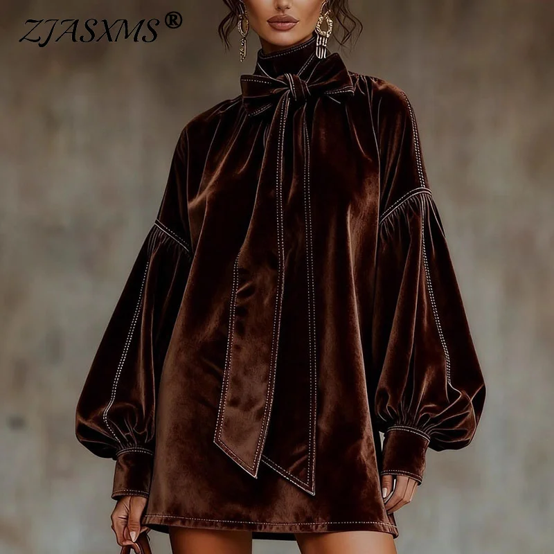 Retro Solide Weiche Samt Elegante Party Kleider Frau Sexy Bowknot Rollkragen Mini Kleid Herbst Winter Laterne Hülse A-Line Kleid