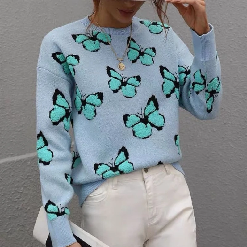 

Elegant Temperament Sweater Printed Butterfly Round Neck Loose Knit Sweater 2024 Autumn and Winter Fashion Commuter Women's Wear