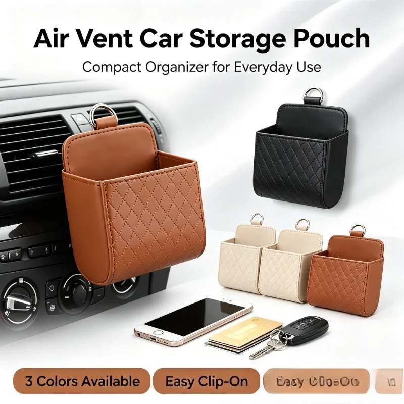 PU Leather Car Vent Storage Holder, Portable Hanging Car Air Vent Organizer Bag for Smart Phone, Glasses & Interior Small Stuff