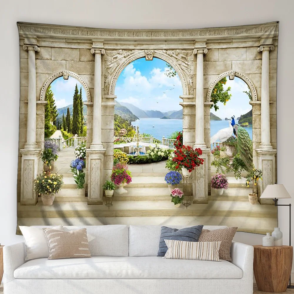 

3D European Style Scenery Tapestry Arched Stone Door Sea Blue Sky Cloud Green Plant Flower Scape Living Room Decor Wall Hanging