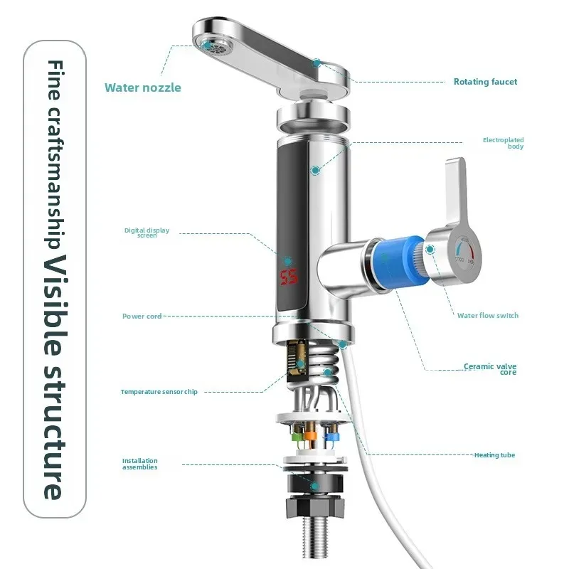 سخان مياه كهربي 220 فولت صنبور المطبخ Tankless التدفئة الفورية صنبور المياه تدفق ساخنة خلاط شاشة ديجيتال