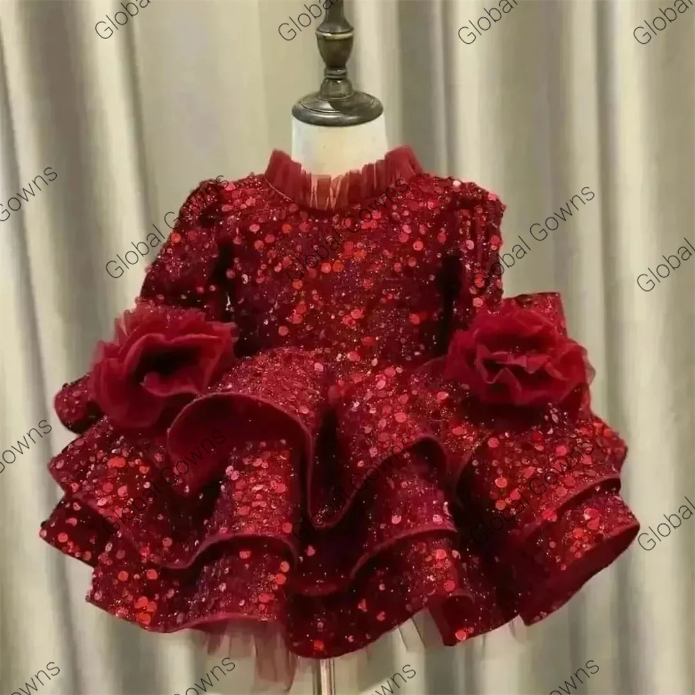 Vestidos De tul con cuentas rojas para niñas, vestidos escalonados con lentejuelas para bodas y cumpleaños