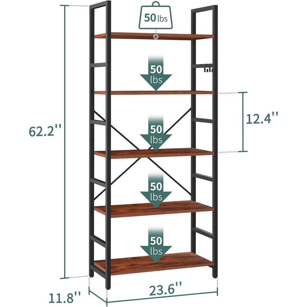 Bookshelf, 5 Tier Bookshelf - Tall Book Shelf Modern Bookcase for CDs/Movies/Books, Rustic Book Case Industrial, Bookshelf