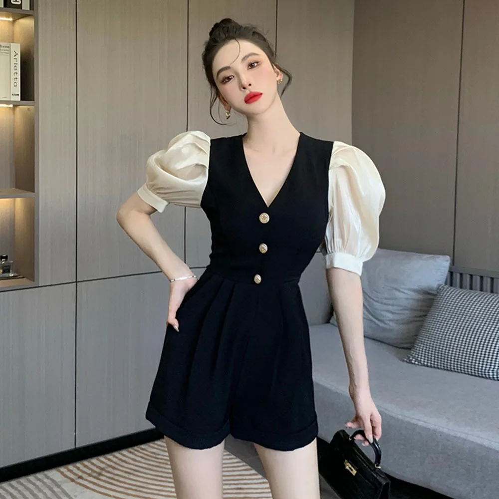 

Fashion Black Rompers 2024 Summer New Design Sense Bubble Sleeve Splic Waist Slim Jumpsuit For Ladies Sexy V Neck Wide-leg Pants