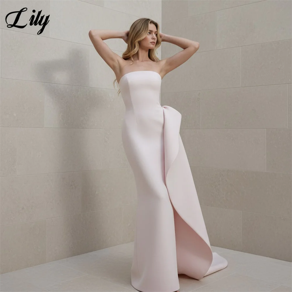 Lily Light Pink Prom Dress Strapless Minimalist Evening Dress Mermaid Satin Party Dress with Train vestidos de fiesta Customized