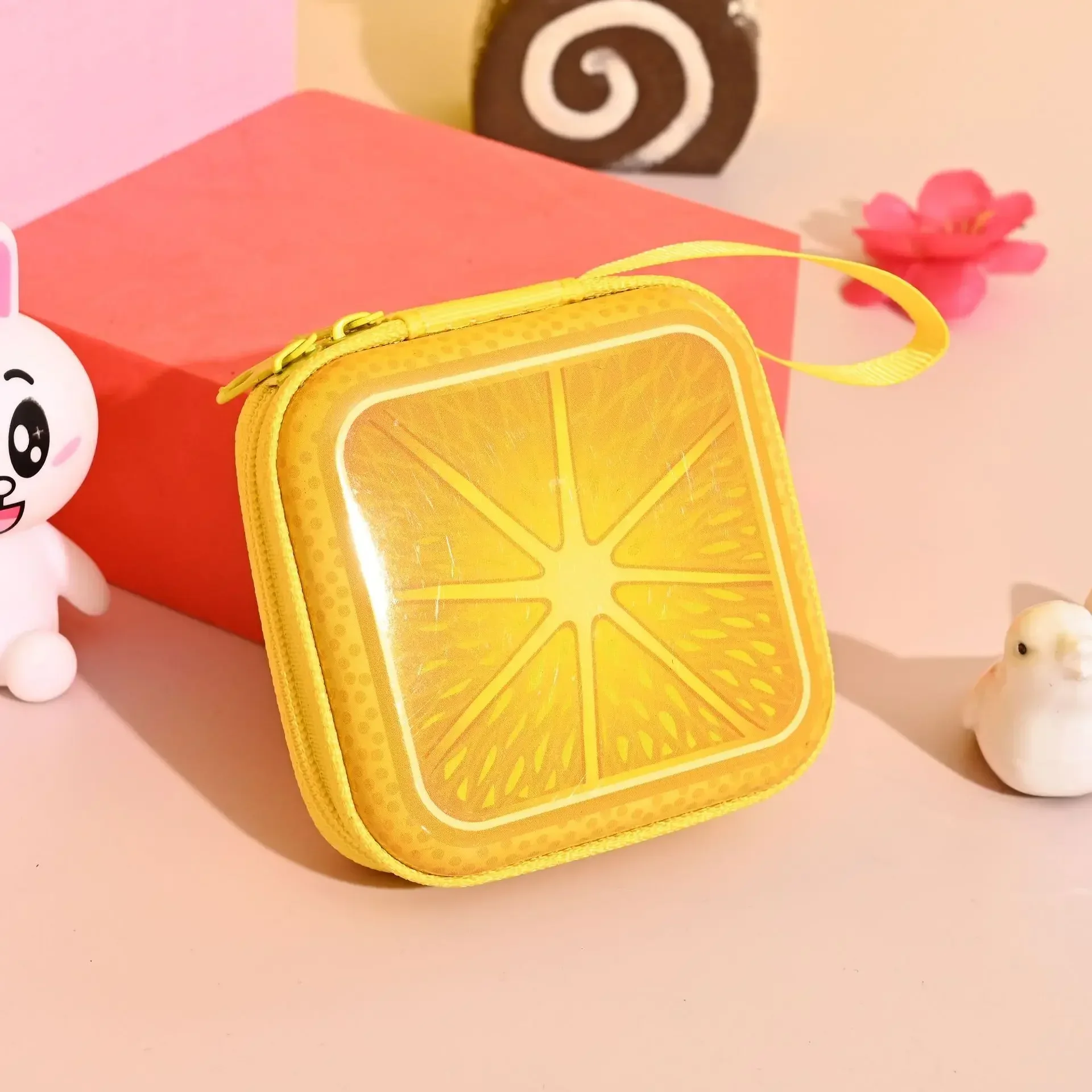 Dompet koin Tinplate persegi buah kartun lucu tas Headphone ritsleting portabel Mini kotak penyimpanan kabel Data dompet kecil hadiah