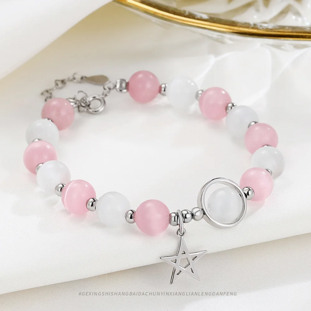 Luxury S925 Silver Handmade Beaded Cat Eye Stone Bracelet with Circle Pentagram Charm