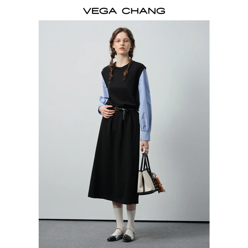 فستان Vega Chang للخريف والشتاء الجديد بأكمام طويلة وأكمام طويلة مع أكمام زرقاء، فستان طويل أنيق بتصميم كلاسيكي بسيط [الحزام غير متضمن]