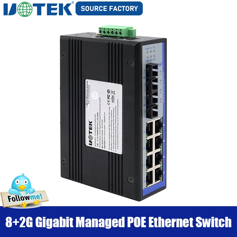 UOTEK Промышленный 100M 2 слоя 8 портов RJ45 Управляемый сетевой коммутатор POE Ethernet 2 гигабитное оптическое волокно SC DIN-рейка UT-6428M