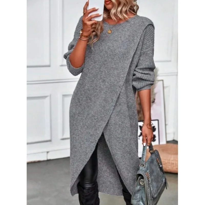 

Temperature Commuting Long Dress Women's Autumn Knitted Sweater Solid Color Round Neck Pullover Long Sleeve Irregular Dresses