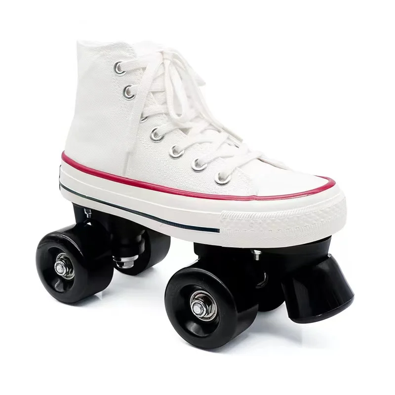 Double-Row Roller Skates for Adults, High-Top, Classic Canvas, Quad Skating Sneakers, Four-Wheel, Leisure Flash 4 Wheels