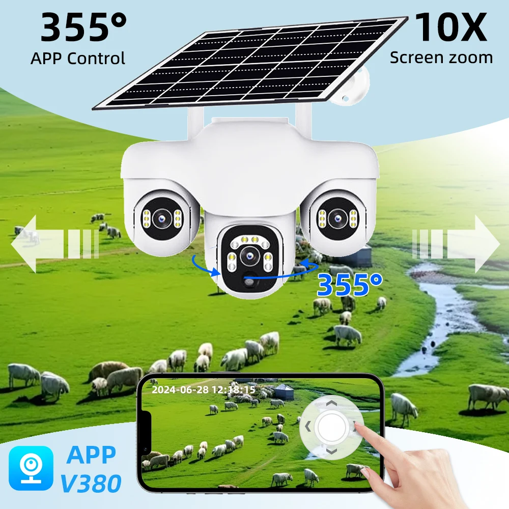 V380 PRO 15MP PTZ Triple Lens10X Zoom cámara Solar al aire libre Triple pantalla 4G seguimiento automático cámara CCTV inalámbrica inteligente impermeable