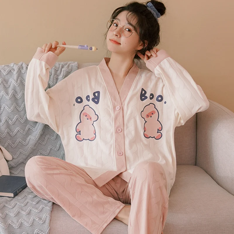 Pink Cartoon Pajamas Sets Women Cute Long Sleeves Long Pants Autumn Winter Kawaii Pyjamas Soft Pijamas Cozy Sleepwear Button Pjs