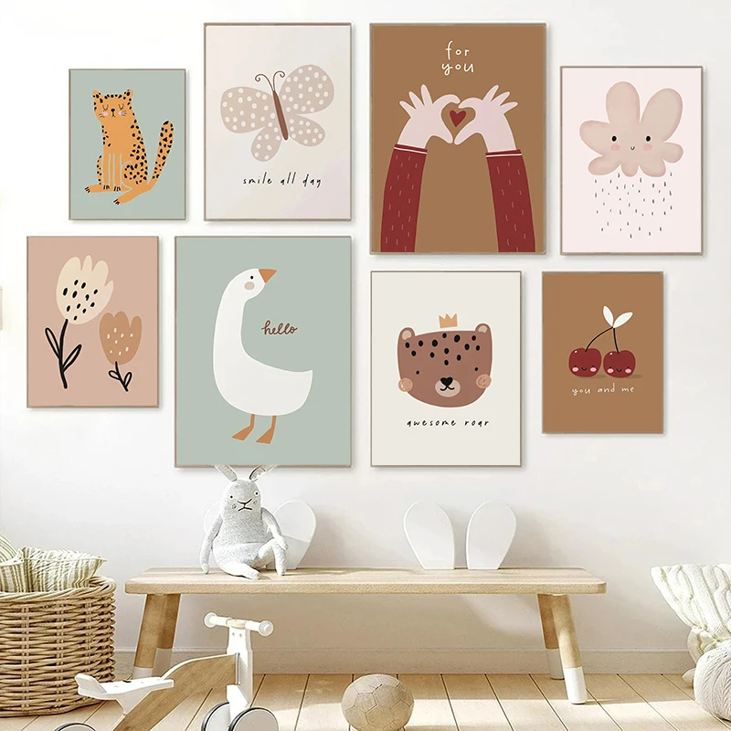 1PC frameless decorative art print,Baby Kawaii Goose Leopard Bear Cherry Butterfly Wall Art Posters Nordic Canvas Painting And P