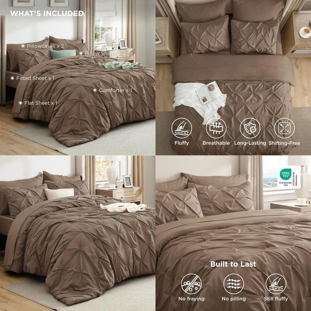 

Brown Queen Bedding Set - 7 Piece Comforter with Sheets, Pillowcases & Shams, All Season Pintuck Design