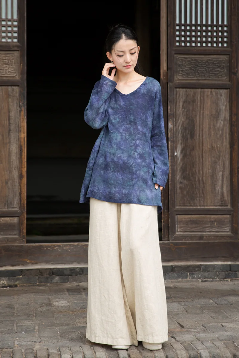 綿麻タイダイチュニックブラウス レディース エステティックプルオーバーシャツ ブルー