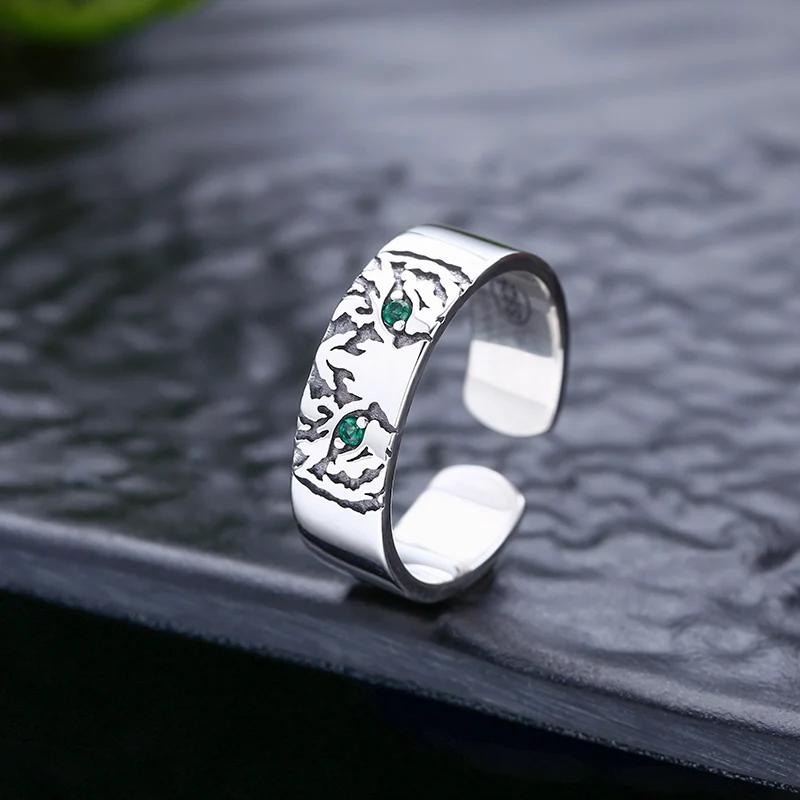 S925 sterling silver jewelry men's and women's stylishcasual tiger head open ring thai silver retro trendy index finger ring
