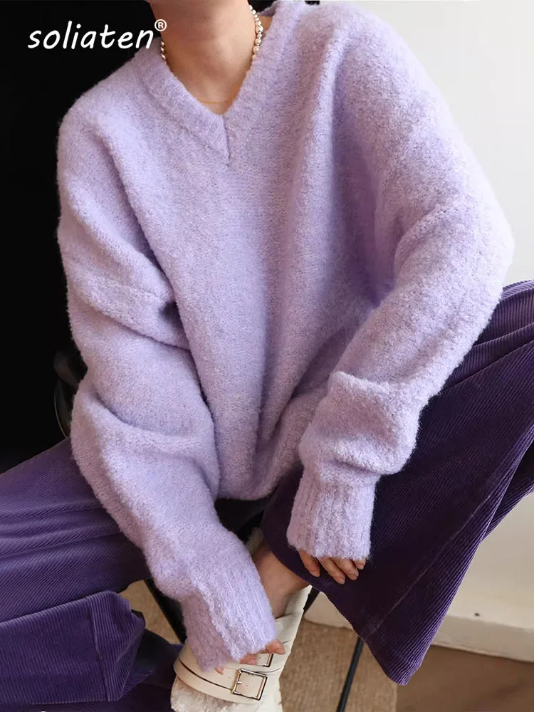 European Goods High-end Wool Blend Sweater Women Fall Winter Loose Soft V-neck Bottom Sweater High-grade Knit Sweater C-310