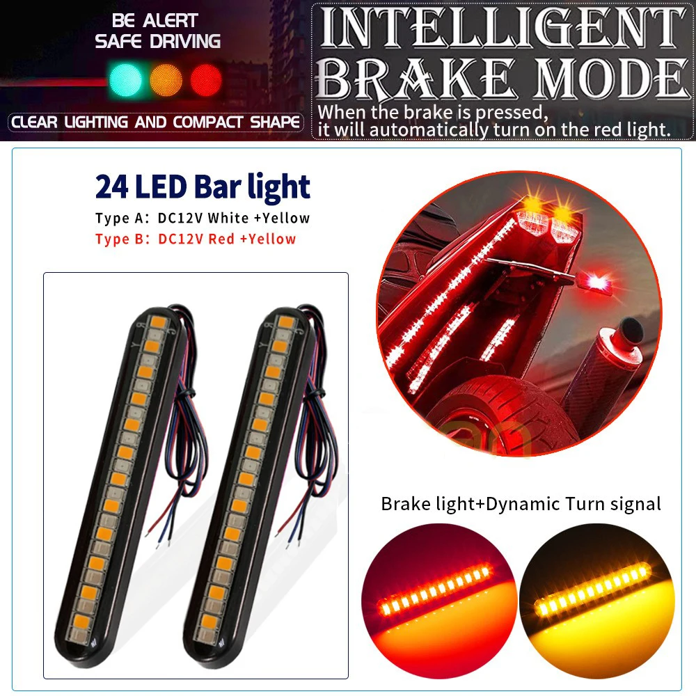 2PCS Motorcycle Tail Light Bar LED Brake Turn Signal Red Amber white amber Color 24LED Motorbike License Plate Light 12V