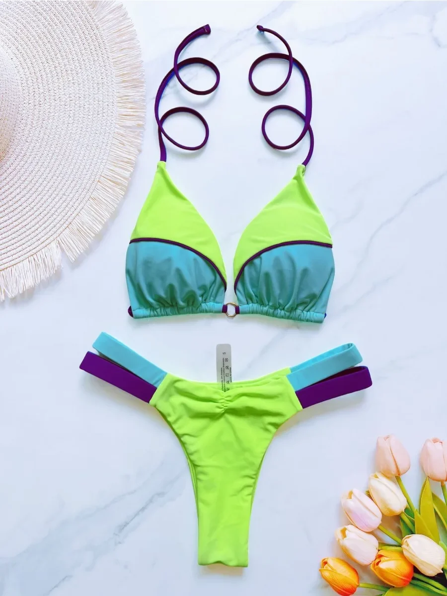 

2025 New Style Patchwork Swimsuit Women's Sexy 2 Pieces Mini Bikini Set Triangle Halter Backless Thong Beach Bathing Suit Summer