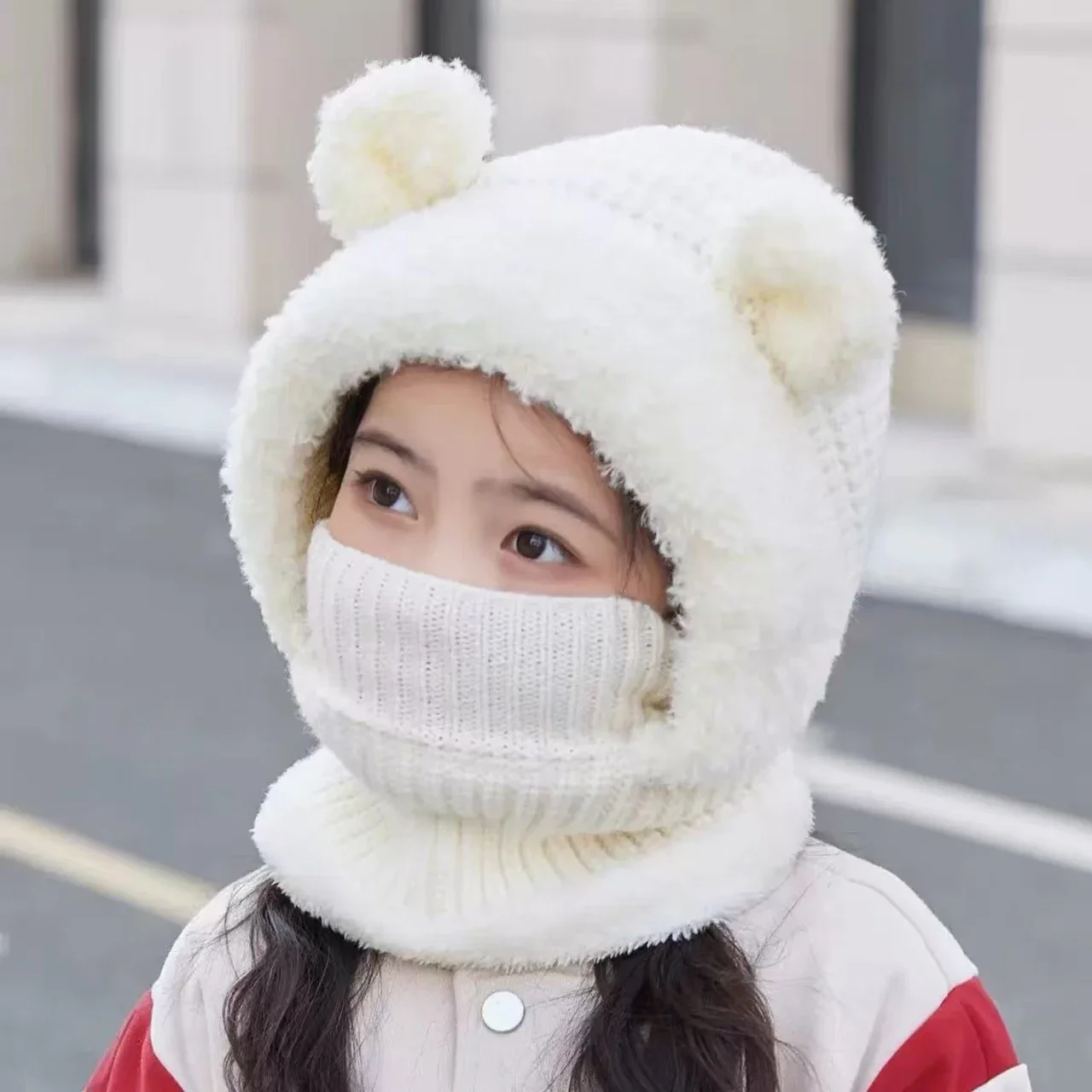 Kids Plush Scarf One Piece Cap Outdoor Windproof Warm Face Cover 1-6Year Baby Velvet Neckerchief Headgear Winter Children Beanie