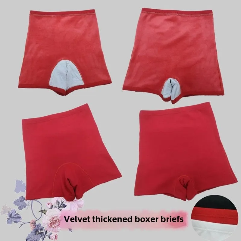 

Women's Thickened Short Leggings Boyshort Autumn Winter Warm Hot Fleece Boxer Underwear High Waist Red Safety Pants Waist Cold