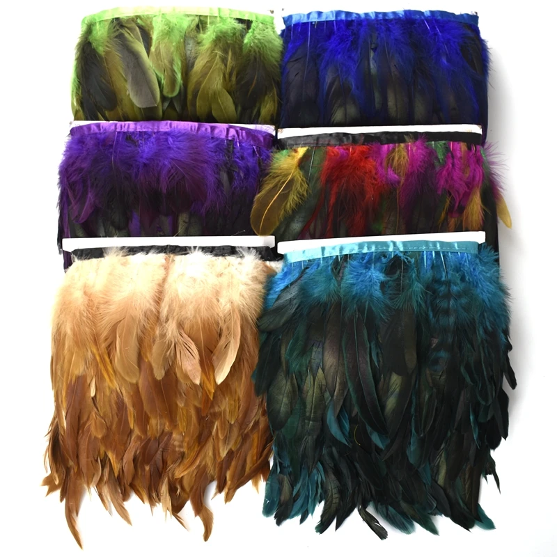 Wholesale Rooster Feathers on Tape Tassel Fringe Trim Chicken Pheasant Feather Ribbon Needlework Sewing Trimmings Clothes Cock