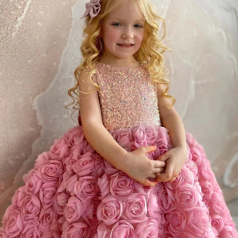 

Children's Puffy Summer 0-10 Y Dress Formal Luxury Pink Flower Princess Dress High end French Elegant Party Dress