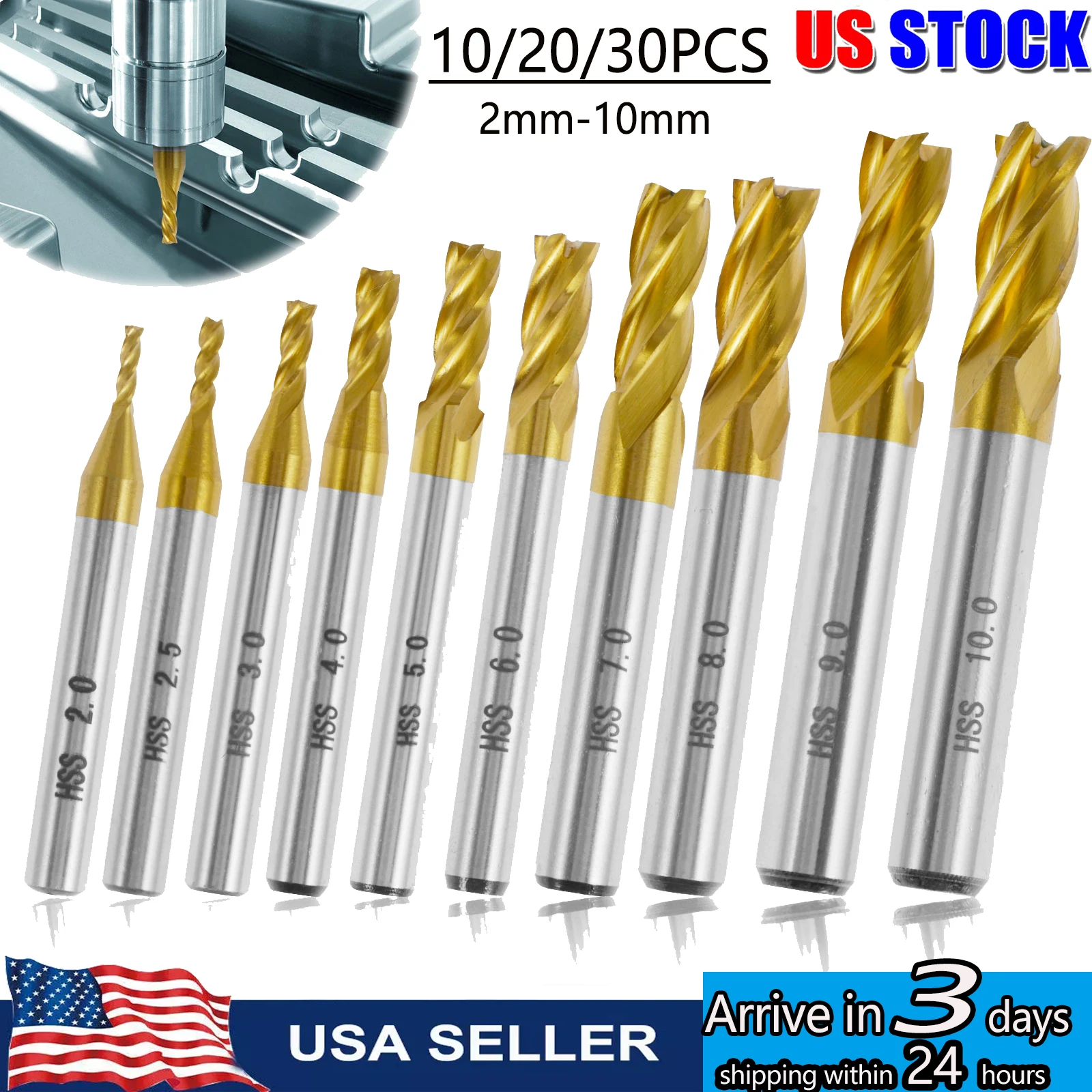 

4-Flute Titanium Coat End Mill Bits,5/64" - 3/8" HSS CNC Straight Shank Drill Bits Cutter Tool Set for Metal Woodworking tools