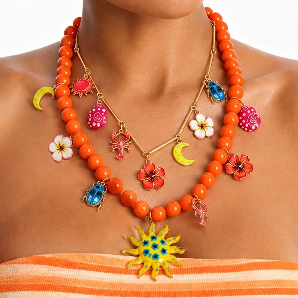 2Pcs Set Boho Orange Bead Sun Shell Lobster Ladybug Enamel Pendant Choker Layered Necklace for Women Stackable Vacation Jewelry
