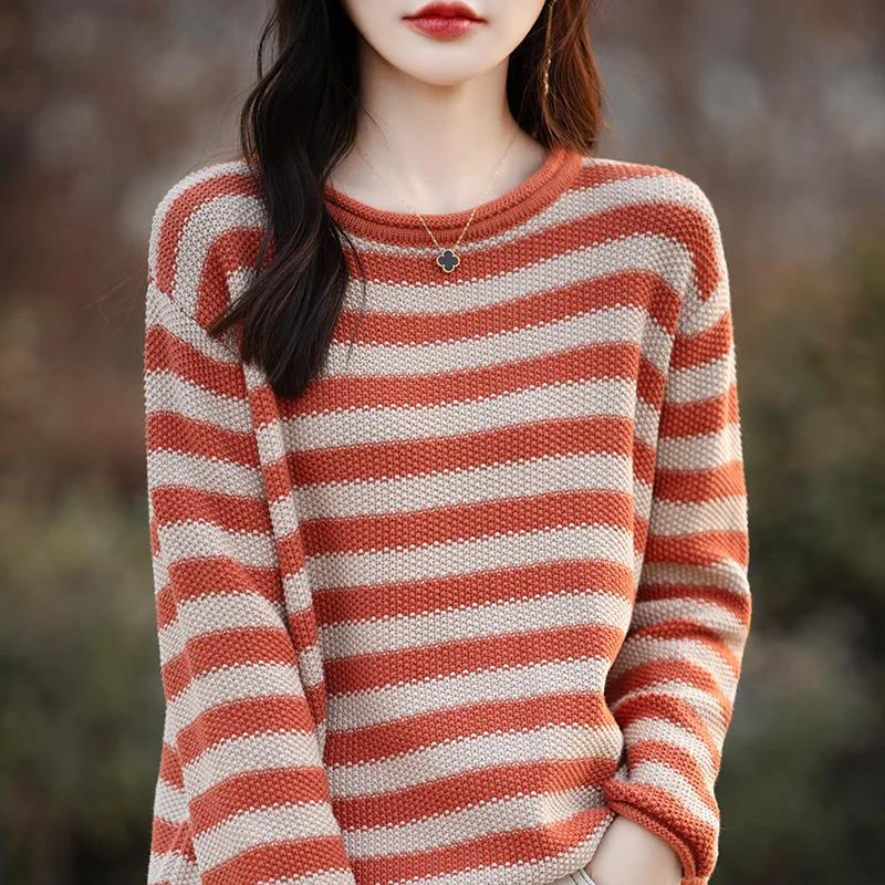 2024 Spring Autumn New 100% Cotton Sweaters Women O-neck Striped Female Long Sleeve Tops Korean Fashion Loose Oversized Pullover