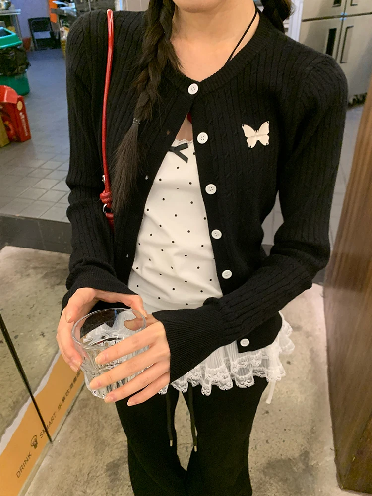 

Y2K Black Knit Cardigan Women Korean Chic Butterfly Embroidery Long Sleeve Short Sweater Tops Cute Kawaii Fall Fashion Outwear