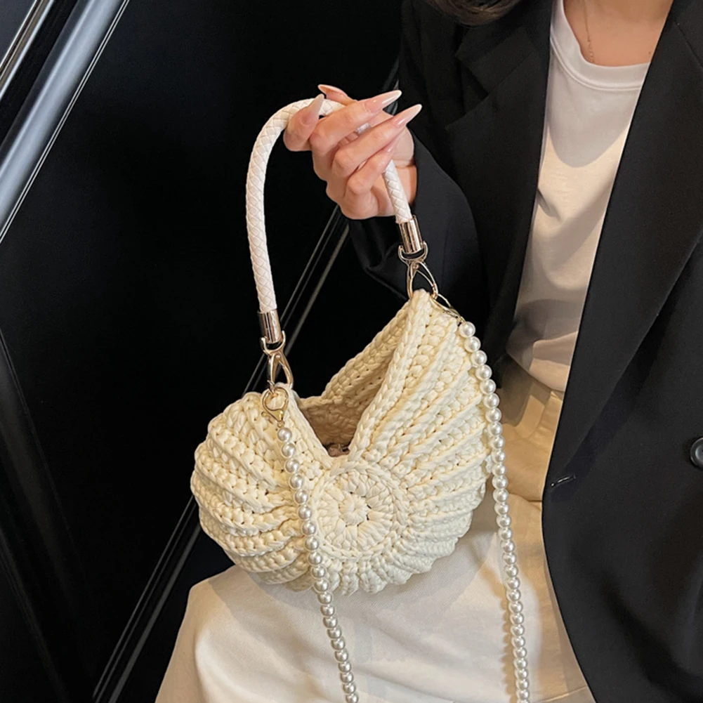 

Women Pearls Chain Crossbody Bags Handwoven Seashell Boho Clutch Purse Creative Crochet Shoulder Bag Beach Travel Small Handbags