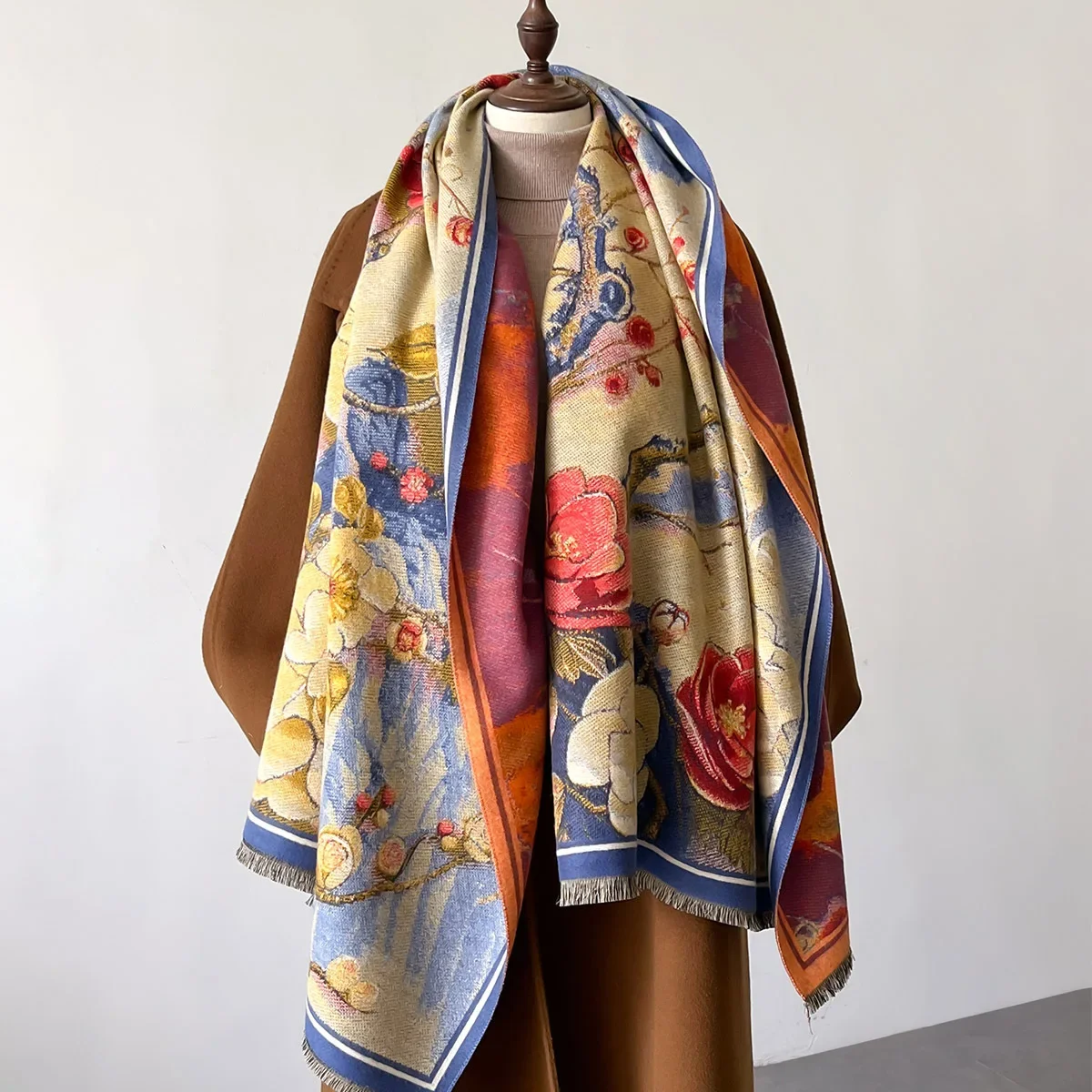 Retro Floral Scarf Women Winter Thick Cashmere Shawls and Wraps Female Warm Thick Echarpe Pashmina Blanket Stole