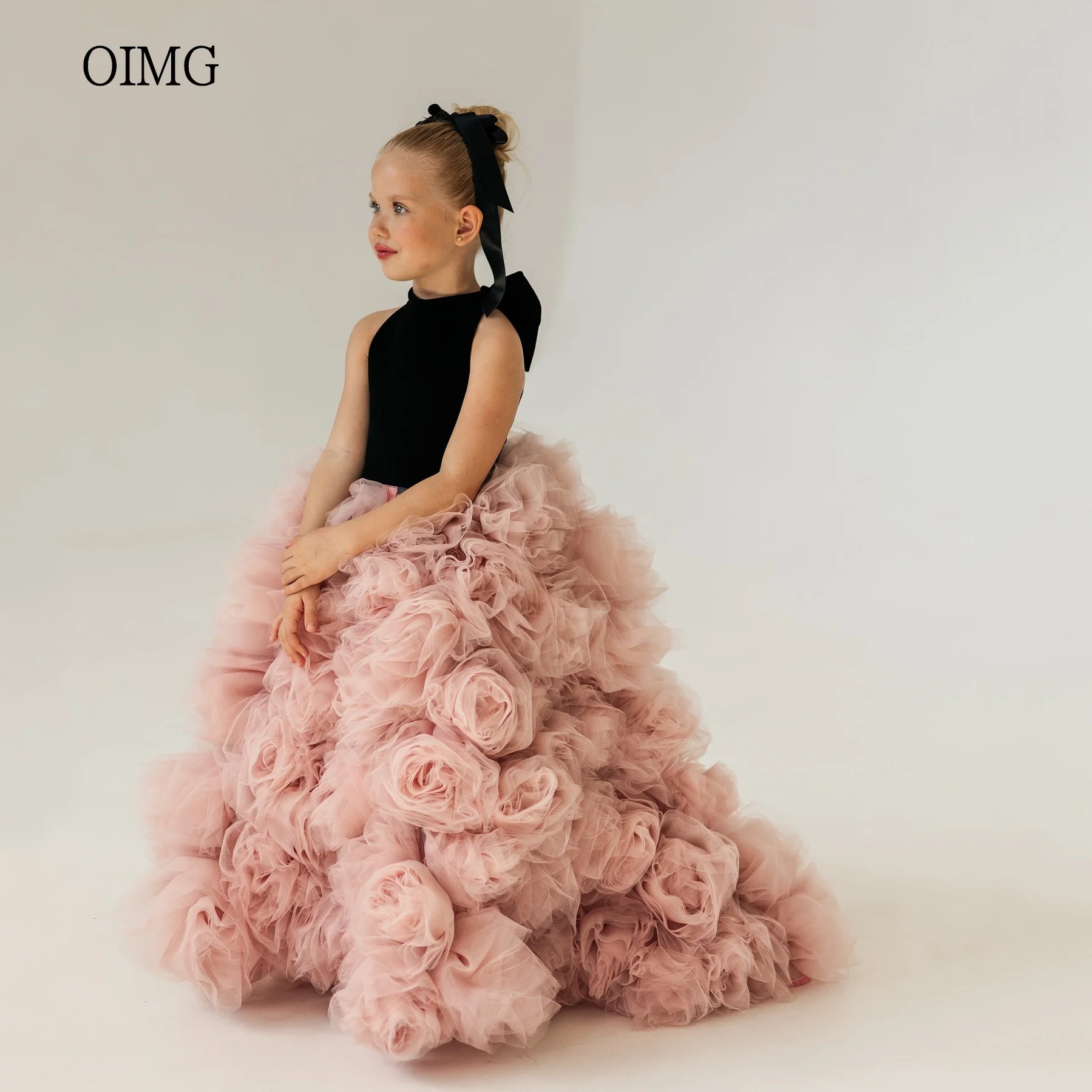 OIMG Luxury Ball Flower Girl Dresses High Neck Gown Wedding Party Dress Flowers Floor Length Princess Birthday Dress Customized