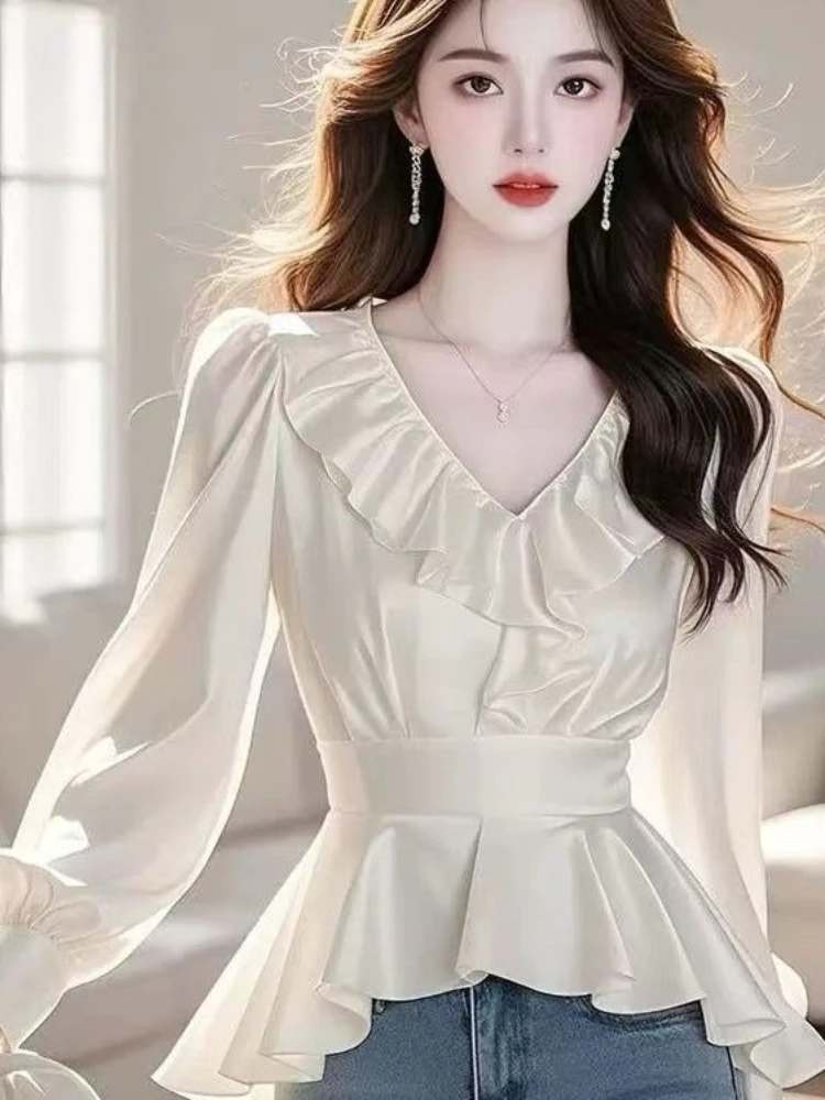

Small Fragrance Blouses Roffles Patchwork Solid Color Long Sleeve Shirts Spring Female Slim Tops Fashion Elegant Women Clothing